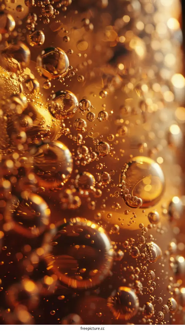Close-up of bubbles in a glass of amber liquid