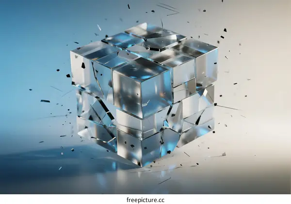 A 3D Rendered Glass Cube with Shattered Effect and Fragments