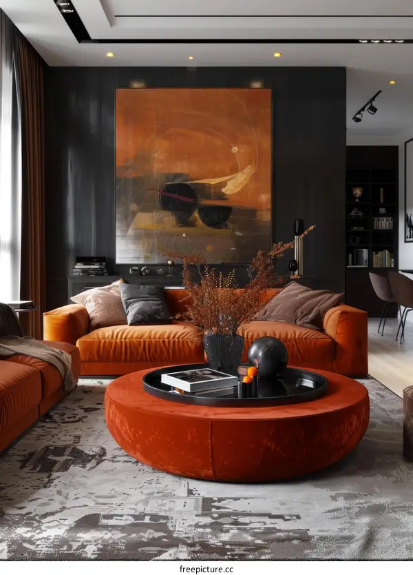Modern Living Room with Orange Sofa and Minimalist Design