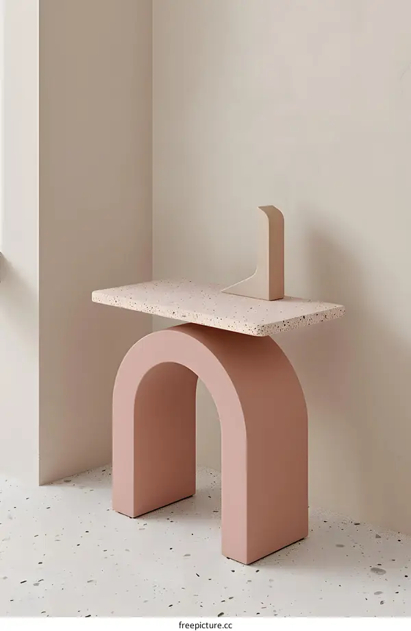 Abstract Minimalist Table Design with Terrazzo Top and Arch Base