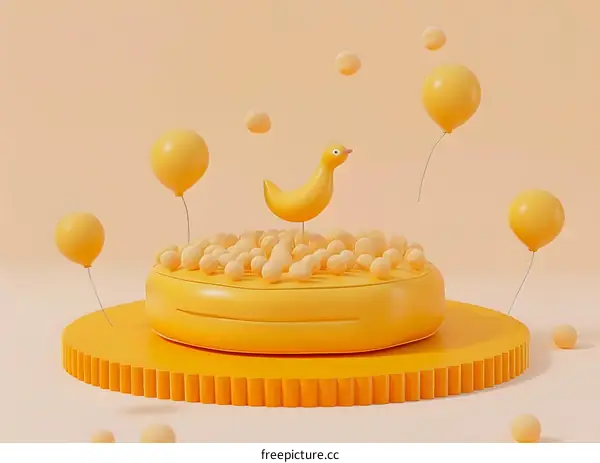 Yellow Bird on a Platform with Balloons