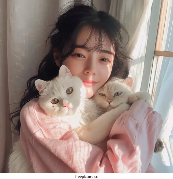 A young woman is hugging two cats