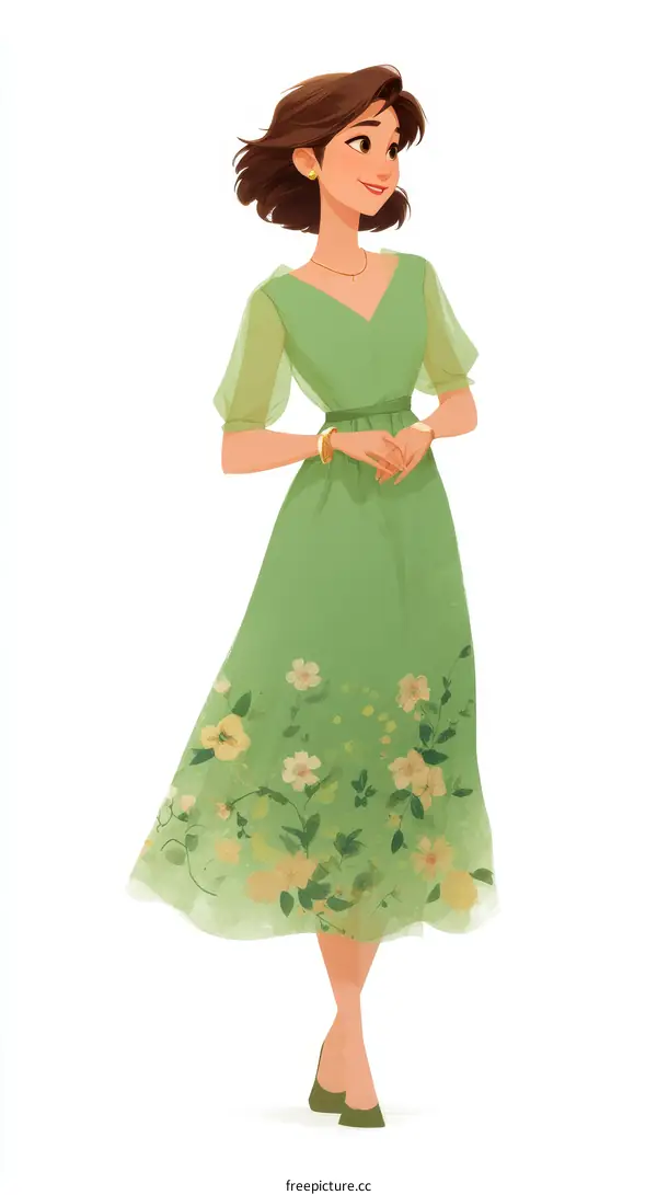Elegant Woman in a Floral Green Dress Illustration