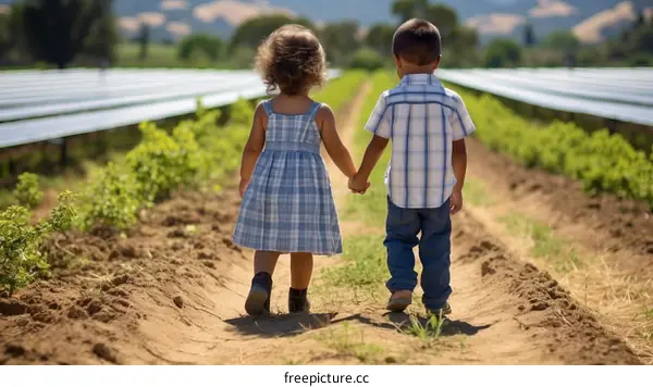 Two children holding hands walking in a farm field