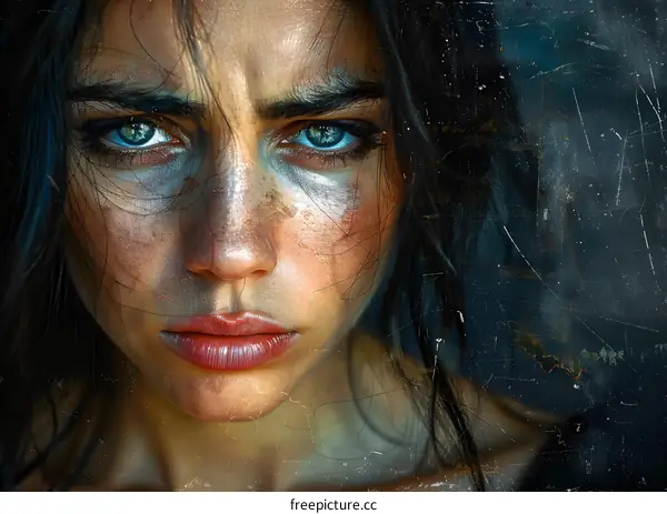 Portrait of a young woman with blue eyes and dark hair