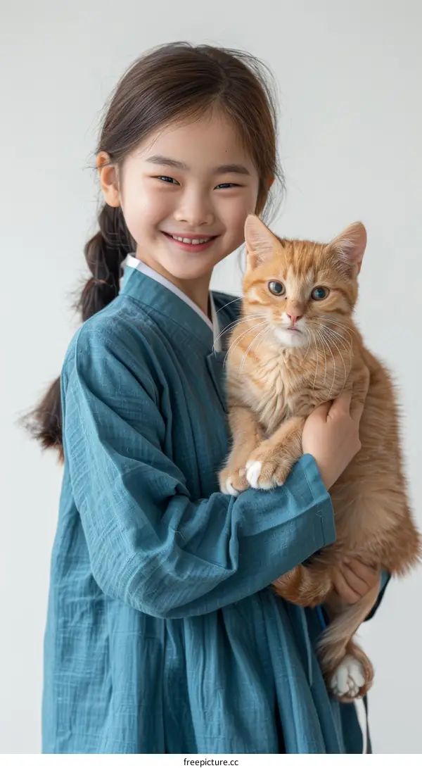 An Asian girl in traditional dress holding an orange cat