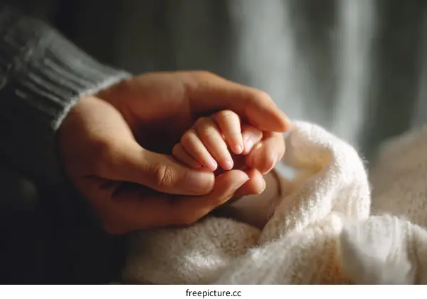 Tender Caregiving Hands Holding a Babys Hand