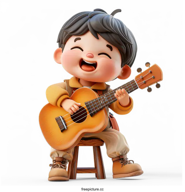 [Transparent Background PNG]3D illustration of a boy playing the ukulele