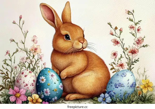 Easter Bunny with Eggs and Flowers Illustration