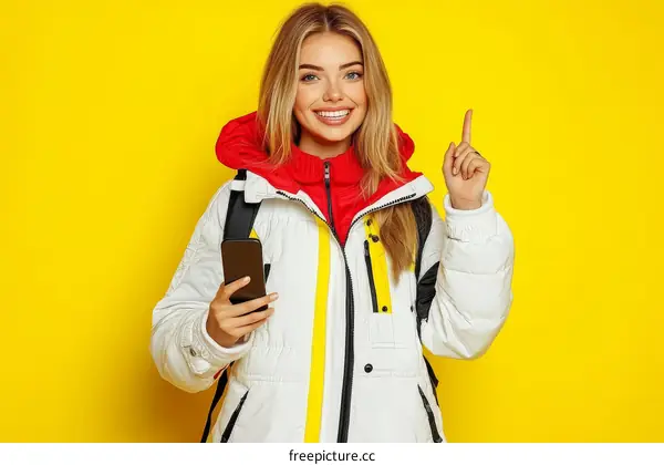 Woman in Winter Jacket Smiling and Pointing