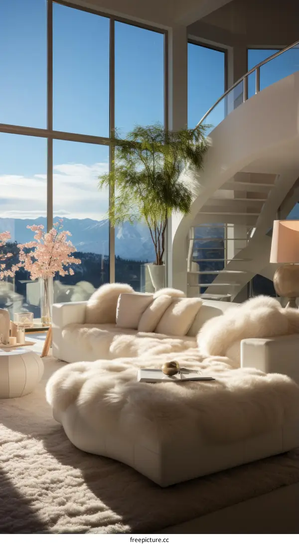 Modern luxury living room interior design with panoramic mountain views