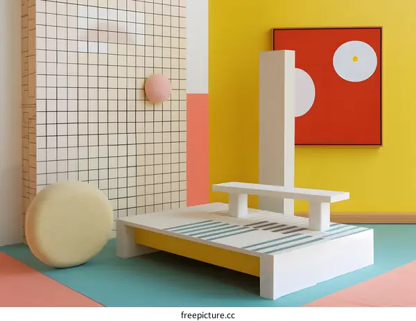 Abstract Geometric Interior Design with Colorful Walls and Objects