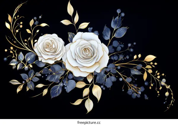 Exquisite white roses with gold and blue leaves