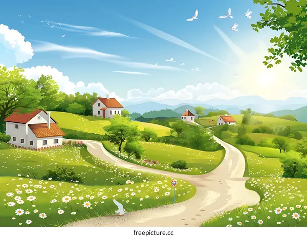 Beautiful Countryside Landscape with Houses and Winding Road