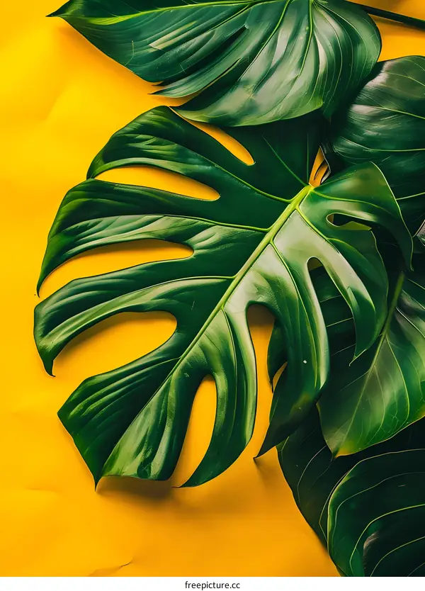 Green Monstera Leaves on a Yellow Background
