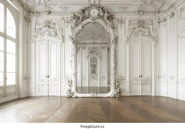 Ornate White Room With Large Ornate Mirror