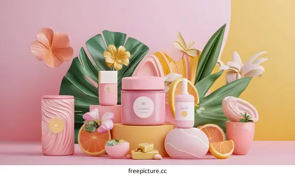 Pink and Yellow Tropical Beauty Product Still Life