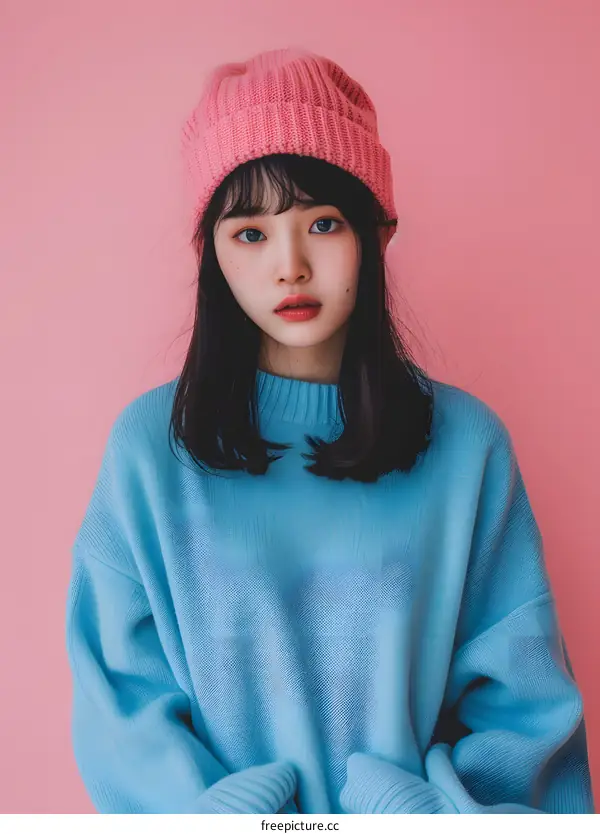Portrait of a Young Woman Wearing a Blue Sweater and Pink Beanie