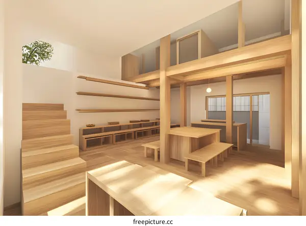 Modern Wooden Interior Design for a Classroom with Sunlight Streaming In