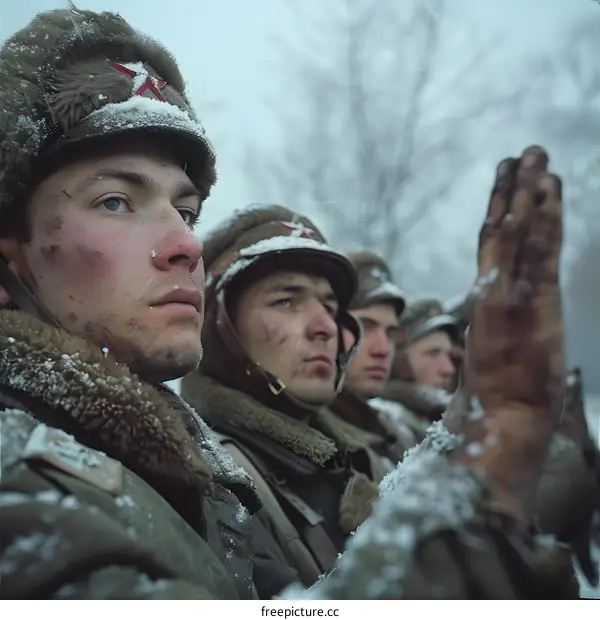 soviet soldiers in winter gear salute