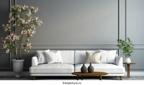 3D rendering of a living room with a white sofa, gray walls, and plants