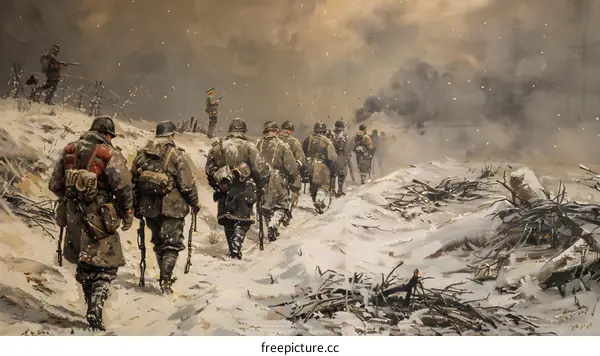A group of soldiers walking through the snow during World War I