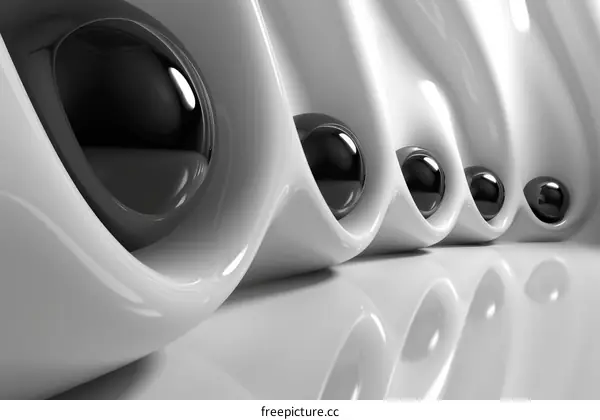 Glossy black and white spheres inside a glossy white curved structure