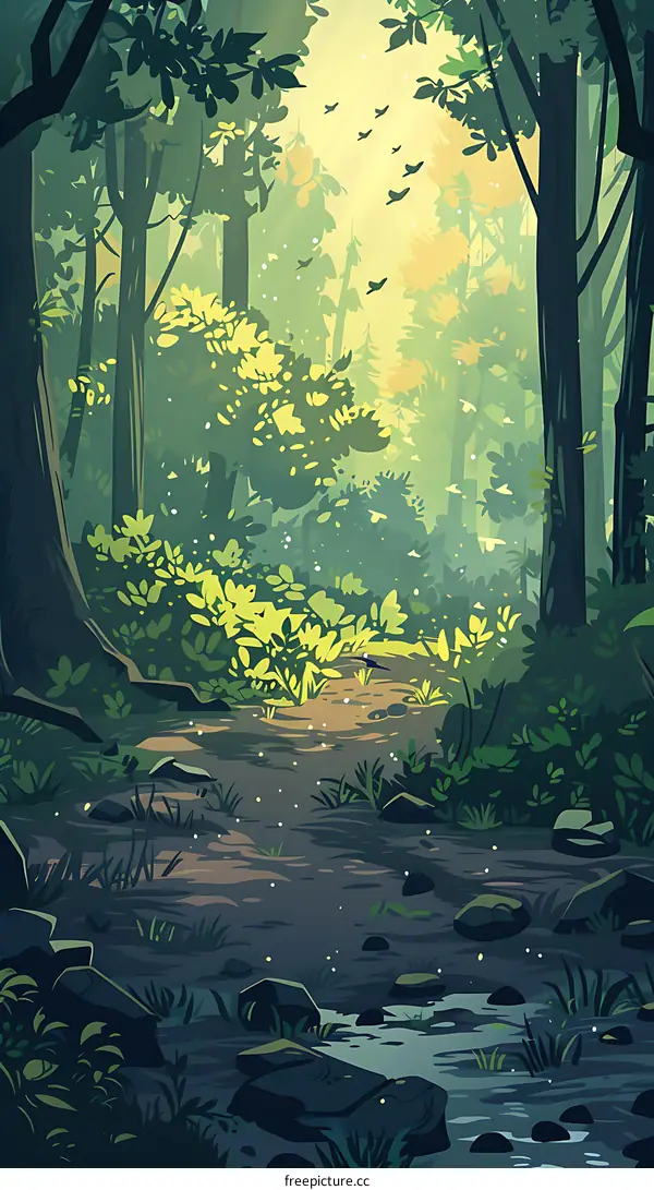 Sunlit Forest Path with Stream