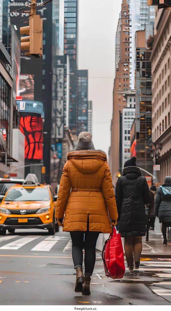 Woman Walking in the City with a Red Bag
