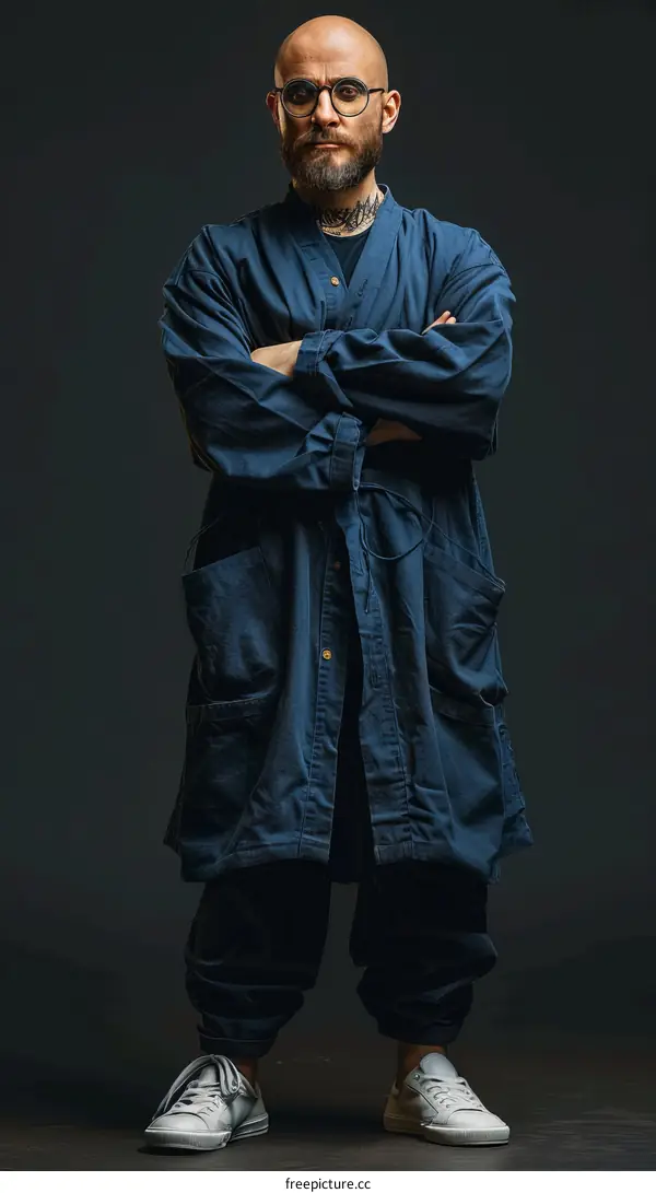 Portrait of a bald man with tattoos wearing a blue kimono