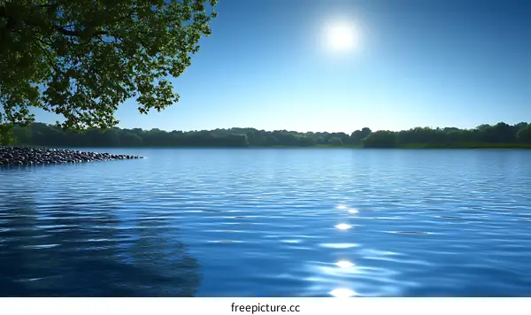 Tranquil Lakeside Scenery Under Sunny Blue Sky
