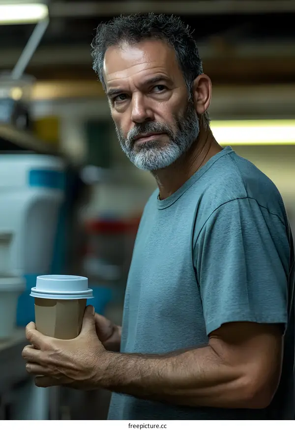 Man in Grey Shirt Holding Coffee Cup