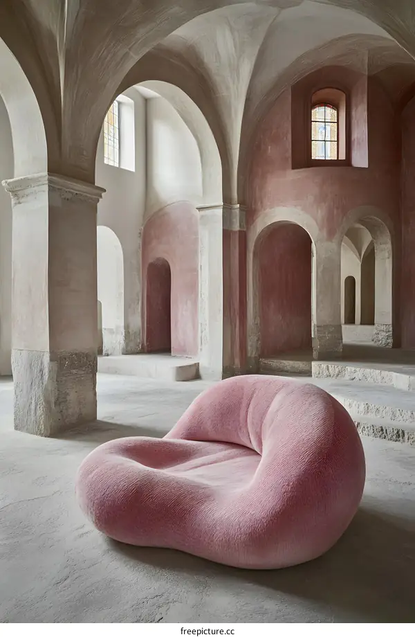 Pink Velvet Sofa in a Historic Building with Arched Ceilings