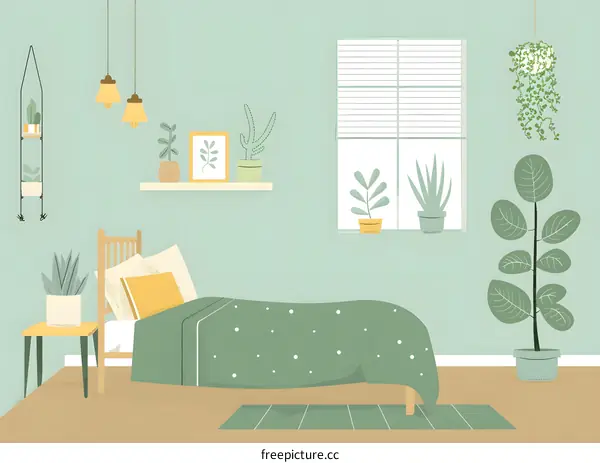 Green Minimalist Bedroom Illustration with Plants