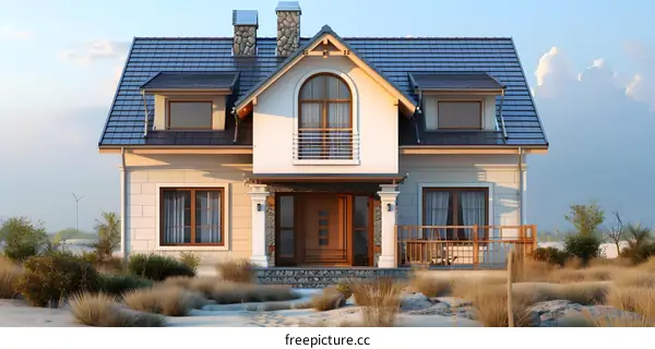 European house exterior with a beautiful sunset