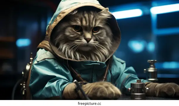 Cat wearing a blue robe
