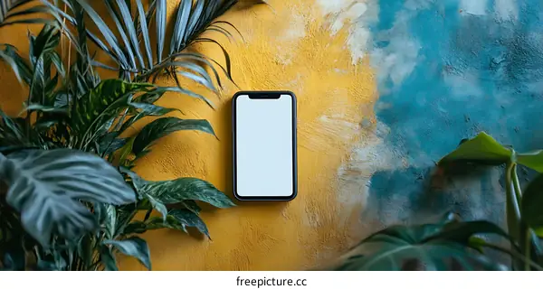 Phone Mockup on Yellow and Blue Wall with Plants