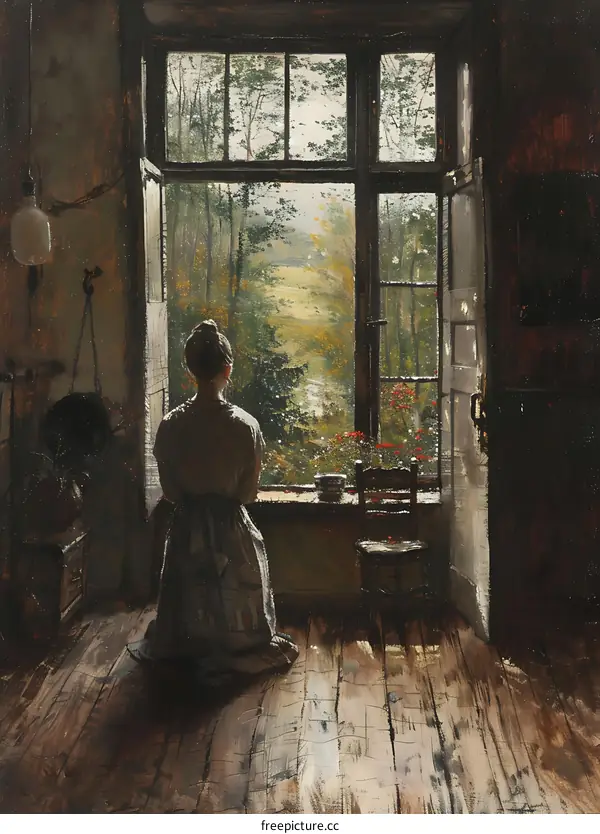 Woman Looking Out Window at Forest
