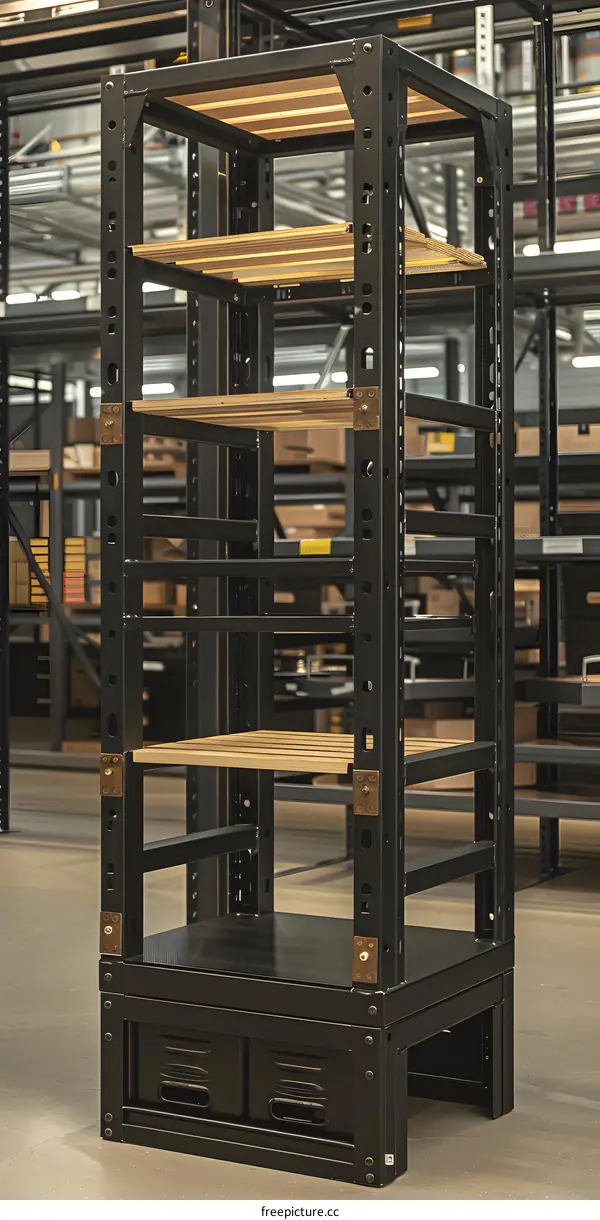 Black Metal Storage Shelf With Wooden Shelves