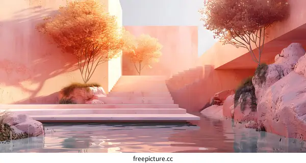 Pink surreal minimal landscape with stairs and water