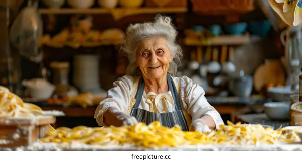 An old woman is making pasta in the kitchen.
