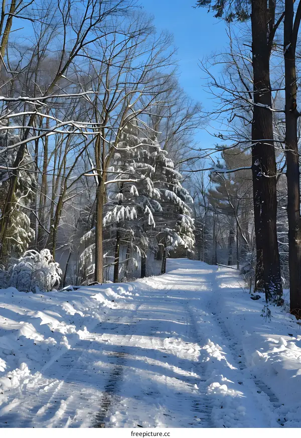 Snowy forest path in winter