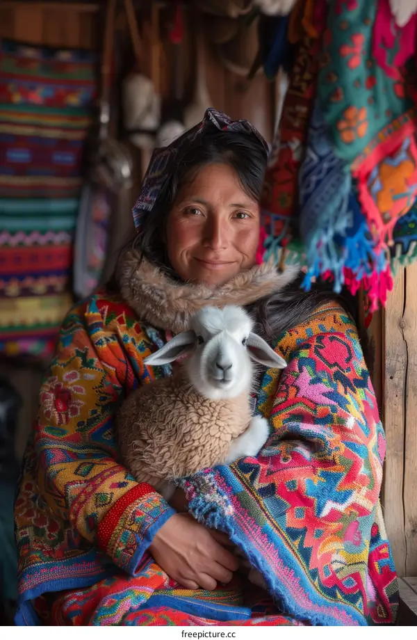 A young woman of the Otavalo tribe in Ecuador holds a baby llama in her arms