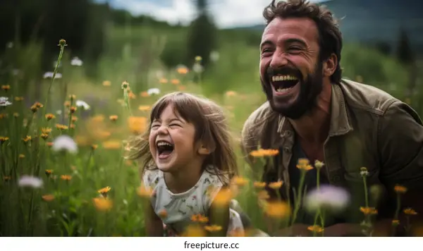 Father and daughter laughing in a field of flowers