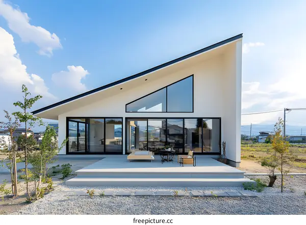 Modern White House With Large Windows And Patio