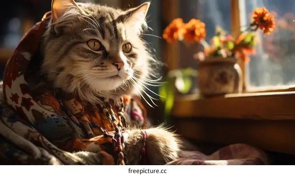 A cute cat sitting in front of a window wearing a colorful scarf