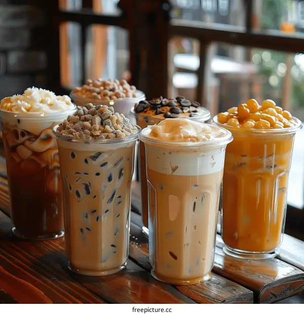 Iced coffee drinks with various toppings