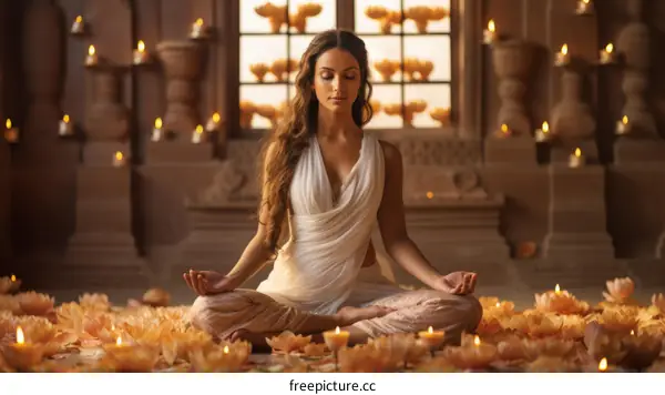 Indian woman meditating in a temple