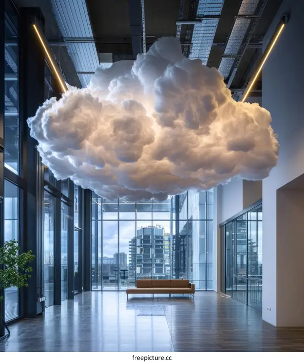 Large White Cloud Sculpture Installed in Office Atrium