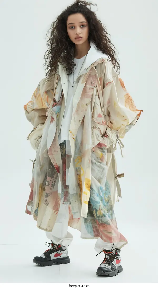 model wearing a beige trench coat with colorful abstract painting and white pants